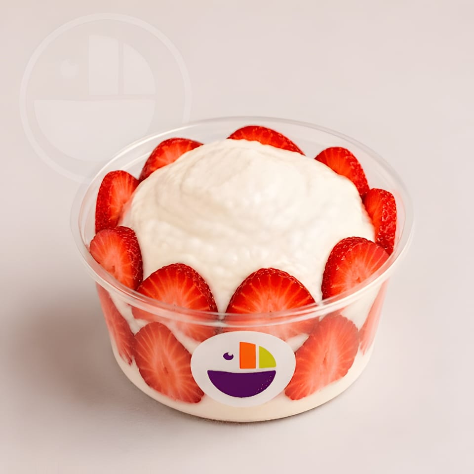 A clear plastic cup filled with white cream and sliced strawberries, featuring a colorful logo.