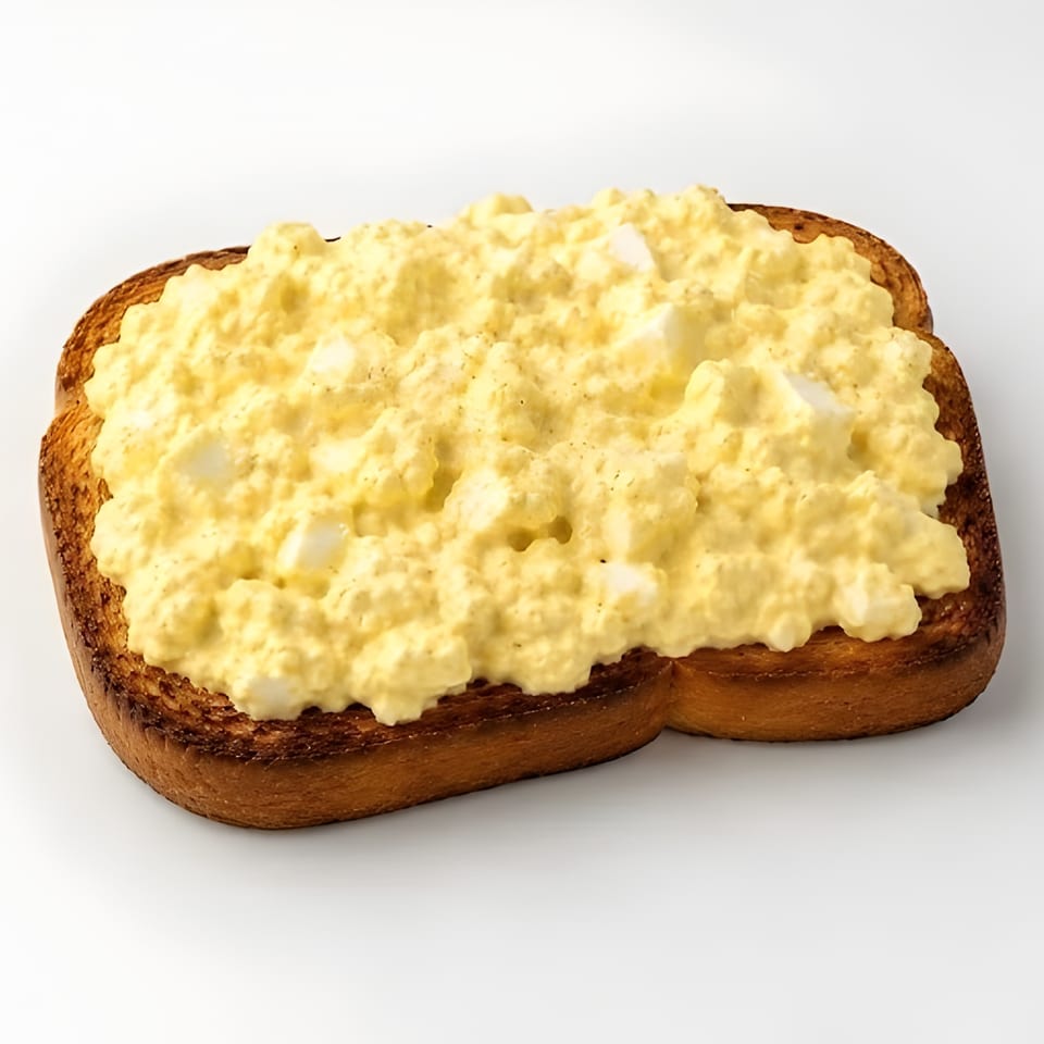 A thick slice of toasted bread topped with a generous serving of creamy egg salad.