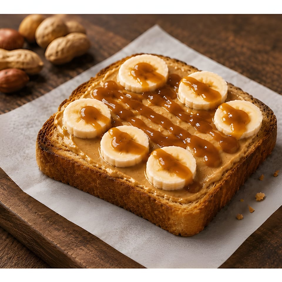 Peanut butter toast with banana slices and caramel drizzle, with peanuts in the background.