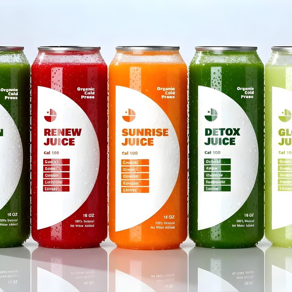 Five colorful Organic Cold Press juice cans: Green, Renew, Sunrise, Detox, and Glow Up.