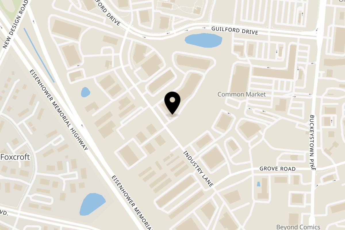 Map showing the location of Pura Vida Bowls on 5711 Industry Ln unit 6 in Frederick